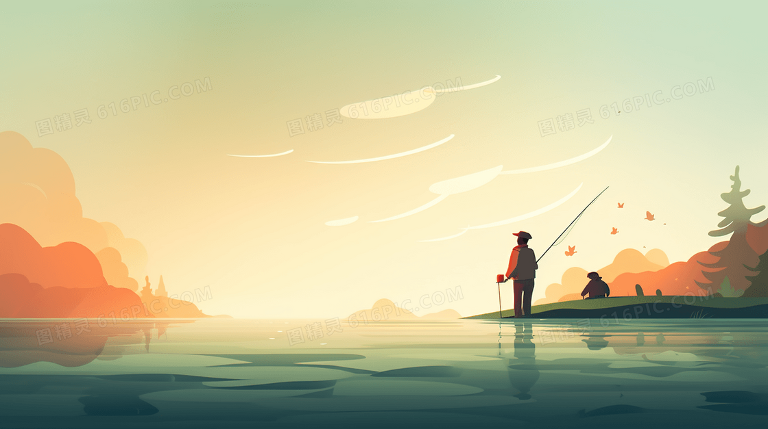 唯美夏日休闲垂钓插画