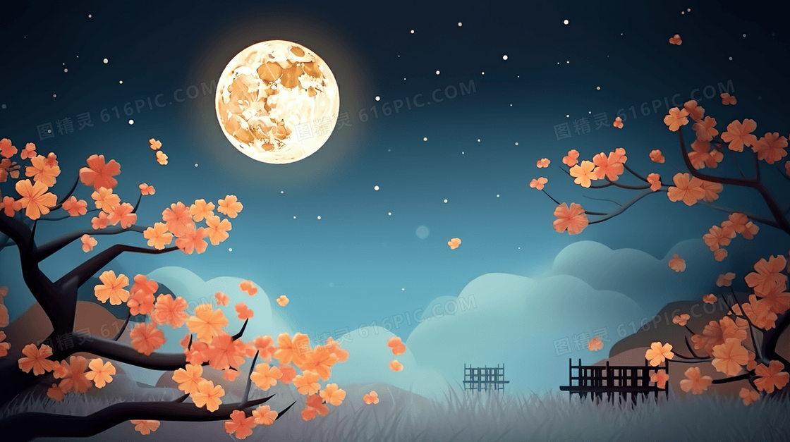 古典中国风月圆之夜月下的自然风光插画
