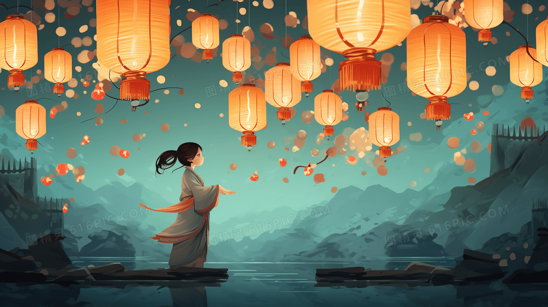 中元节灯笼祈福插画