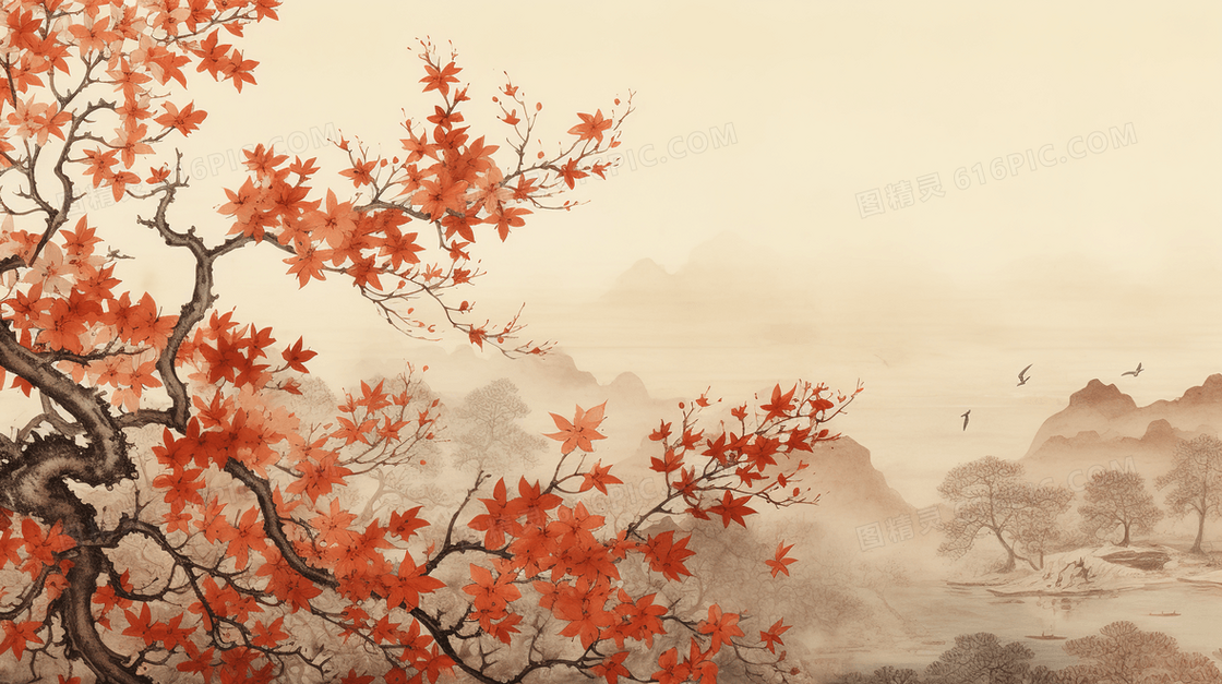 红色中国风古典山水树木风景插画