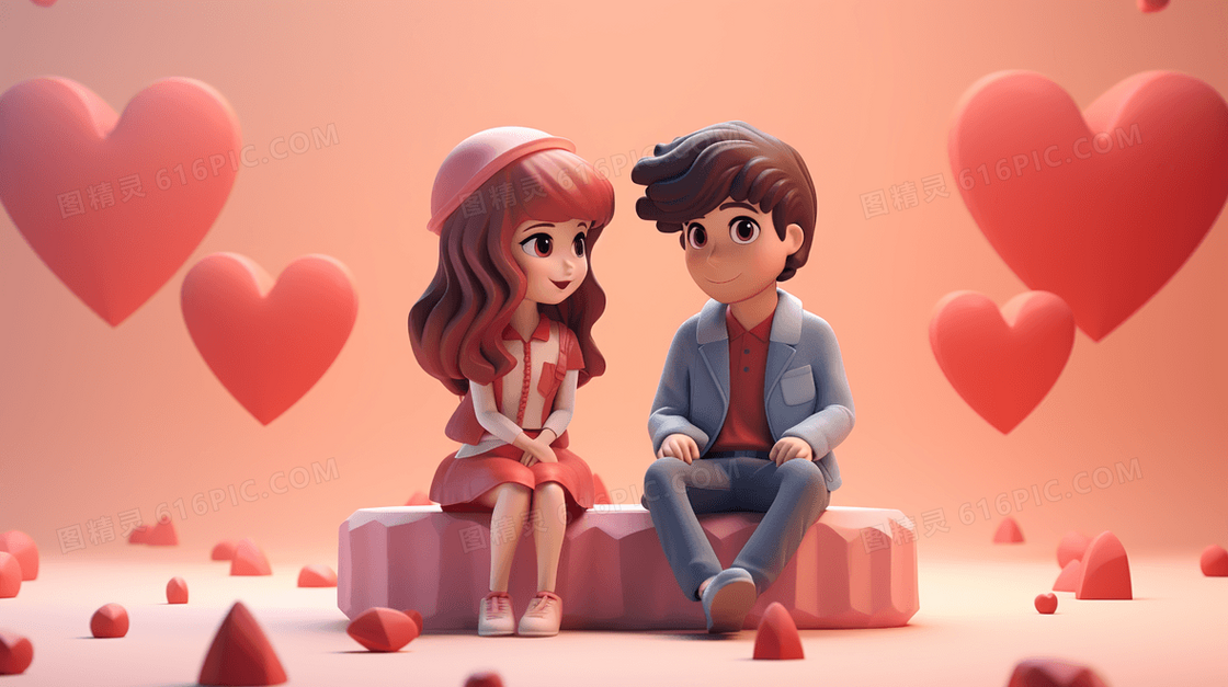 3D立体可爱卡通情侣情人节插画