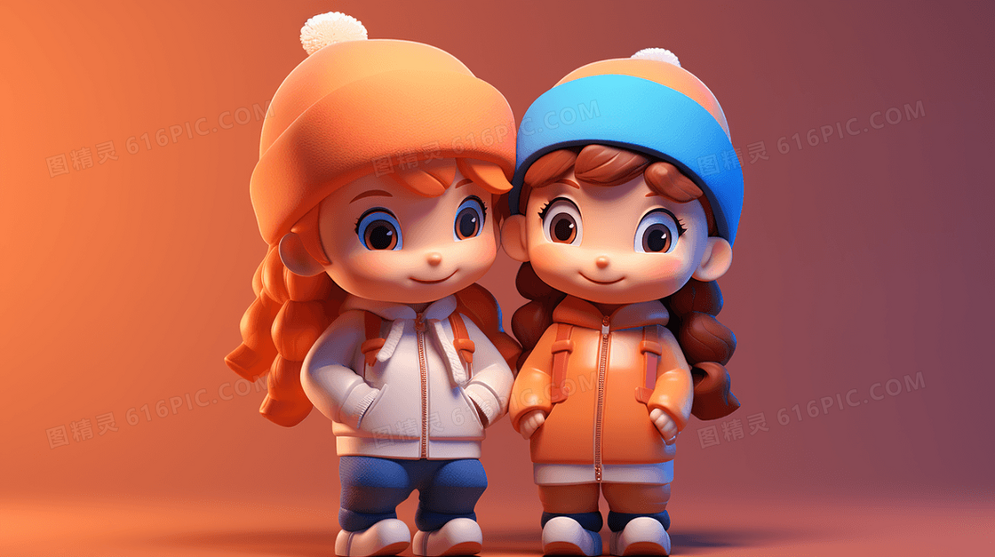 3D立体可爱卡通情侣七夕情人节插画