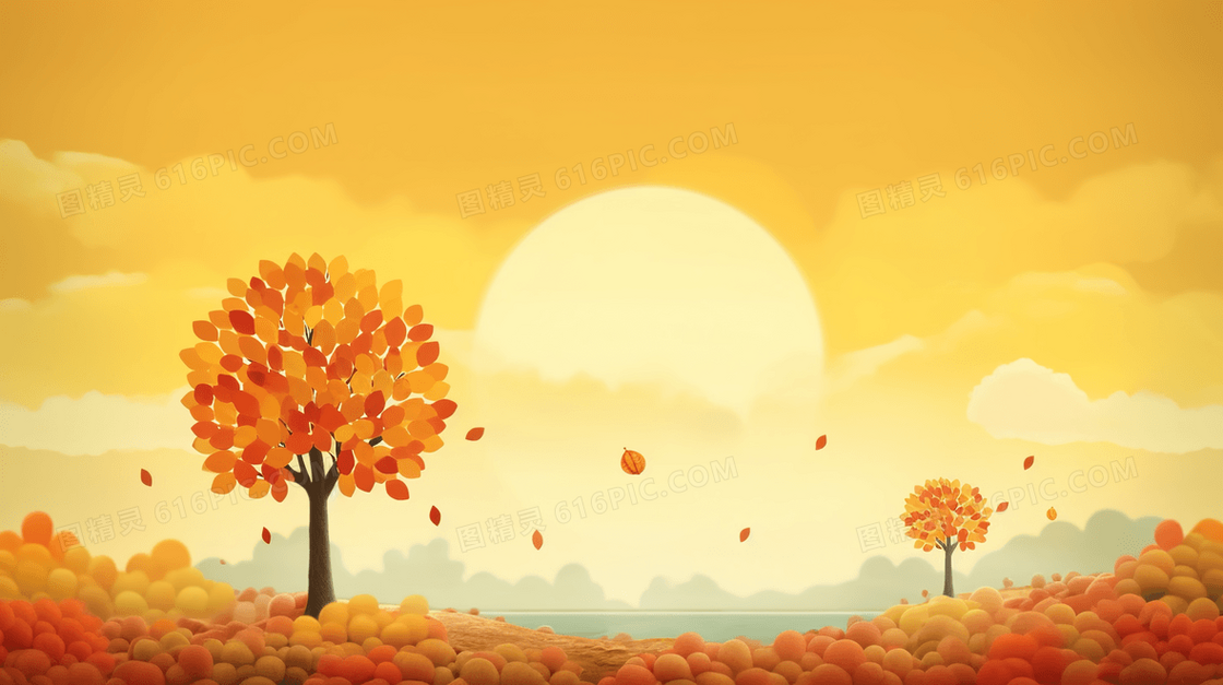 温暖秋天金黄色树叶飘落插画