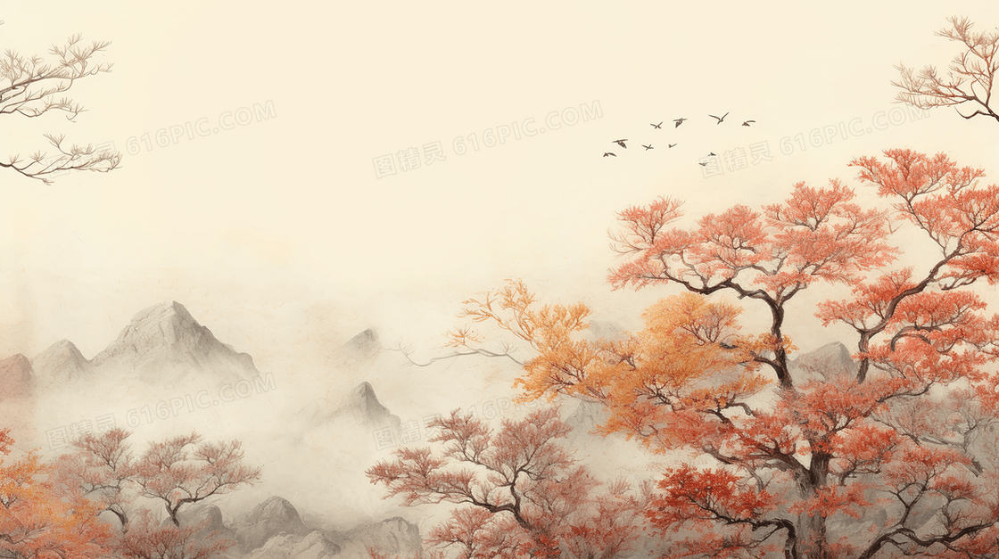 红色中国风古典山水树木风景插画