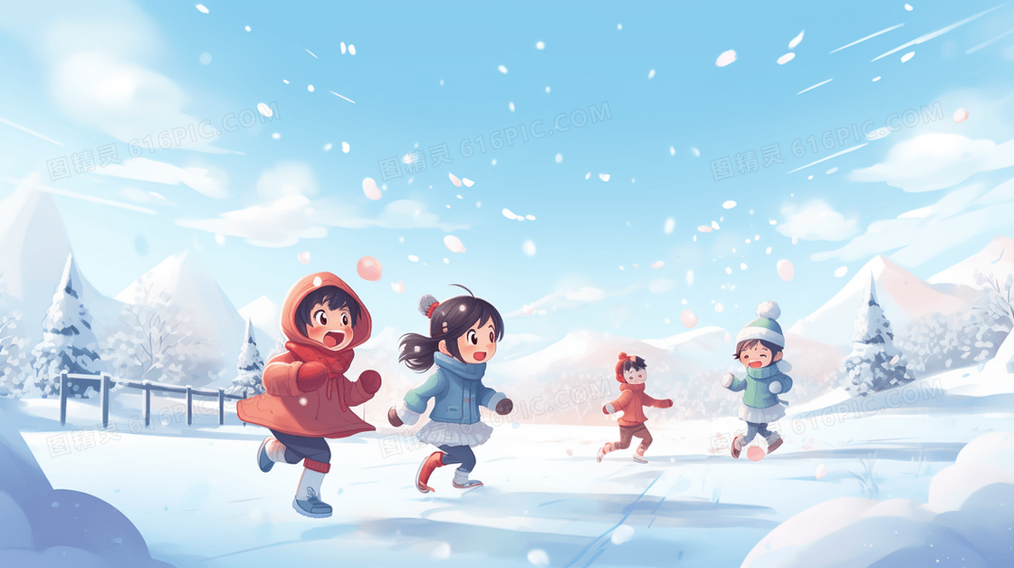 在冬天白色雪地里快乐玩耍的孩子们插画