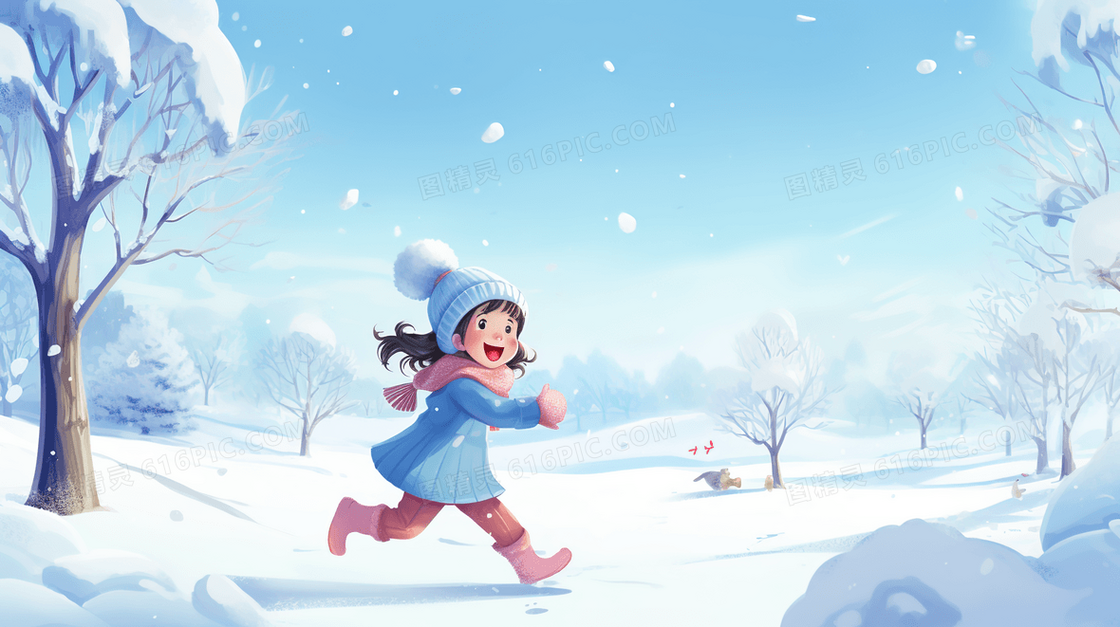 在冬天白色雪地里快乐玩耍的孩子们插画