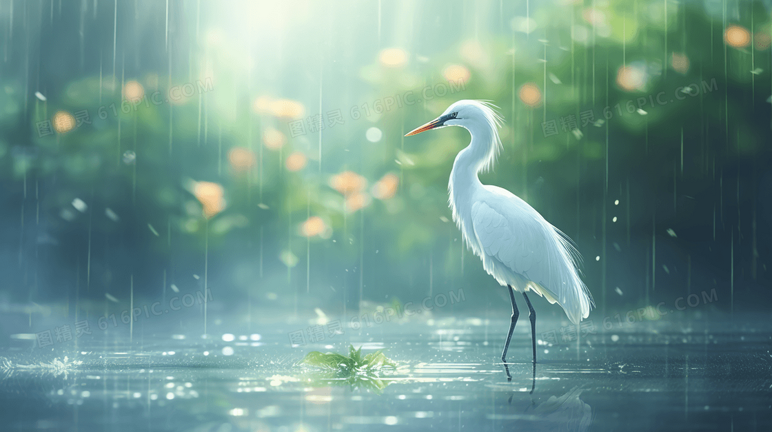 绿色白露节气湖中的白鹭鸟插画