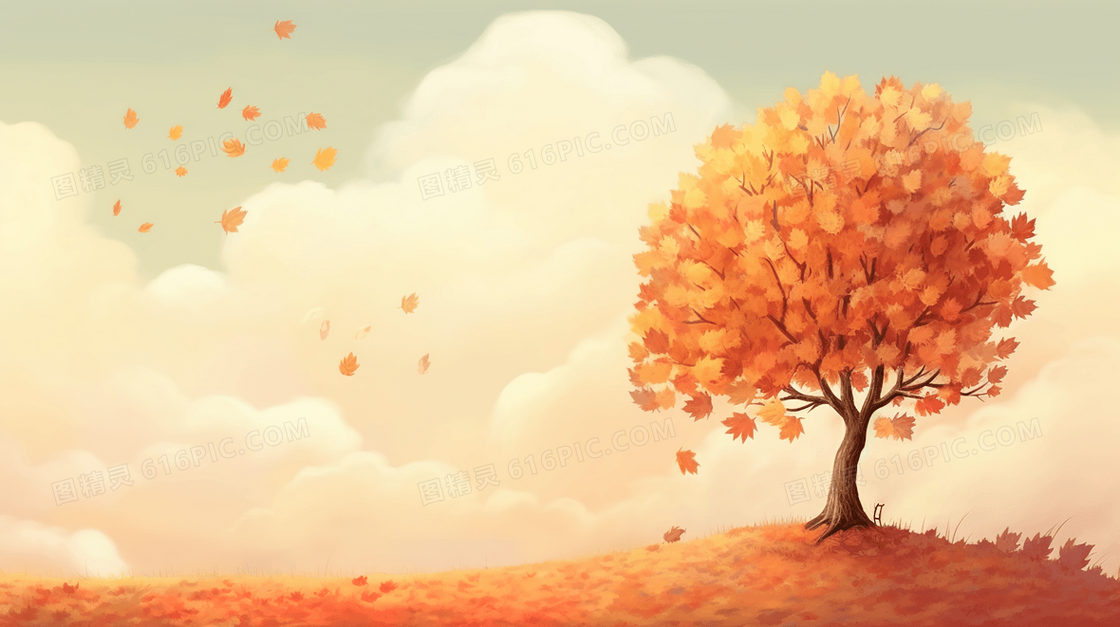 温暖秋天金黄色树叶飘落插画