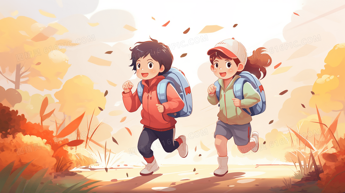 秋天开学季结伴而行的学生们插画