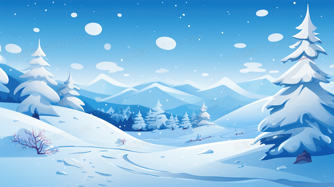 白色冬季下着大雪的户外风景插画