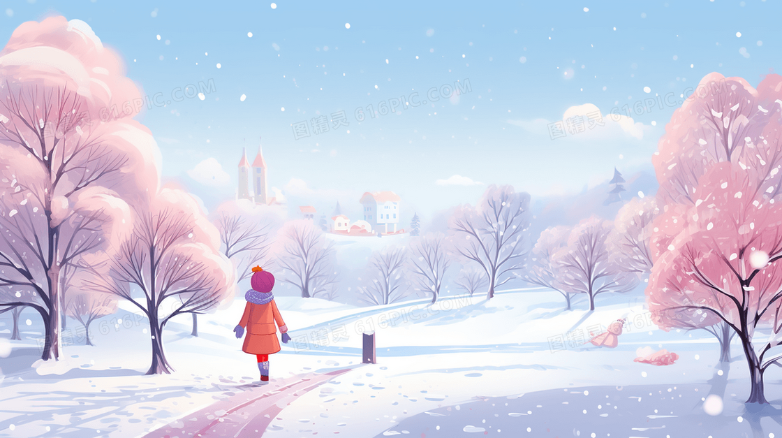 独自走在雪地里的女孩风景插画