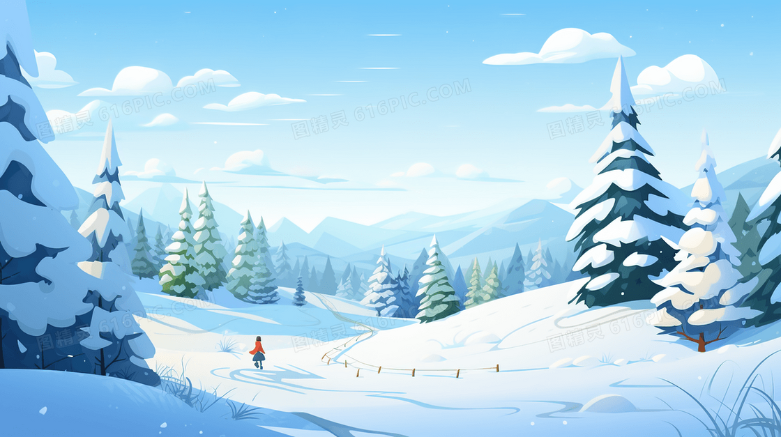 白色冬季下着大雪的户外风景插画