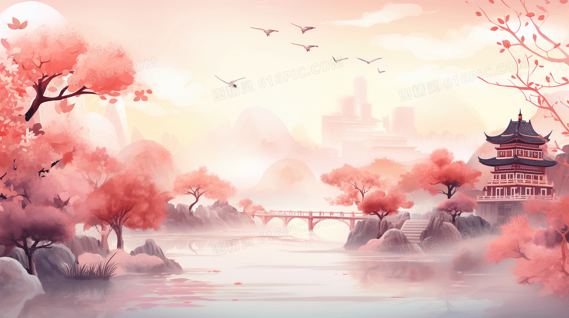 粉色中国风唯美山水建筑风景插画
