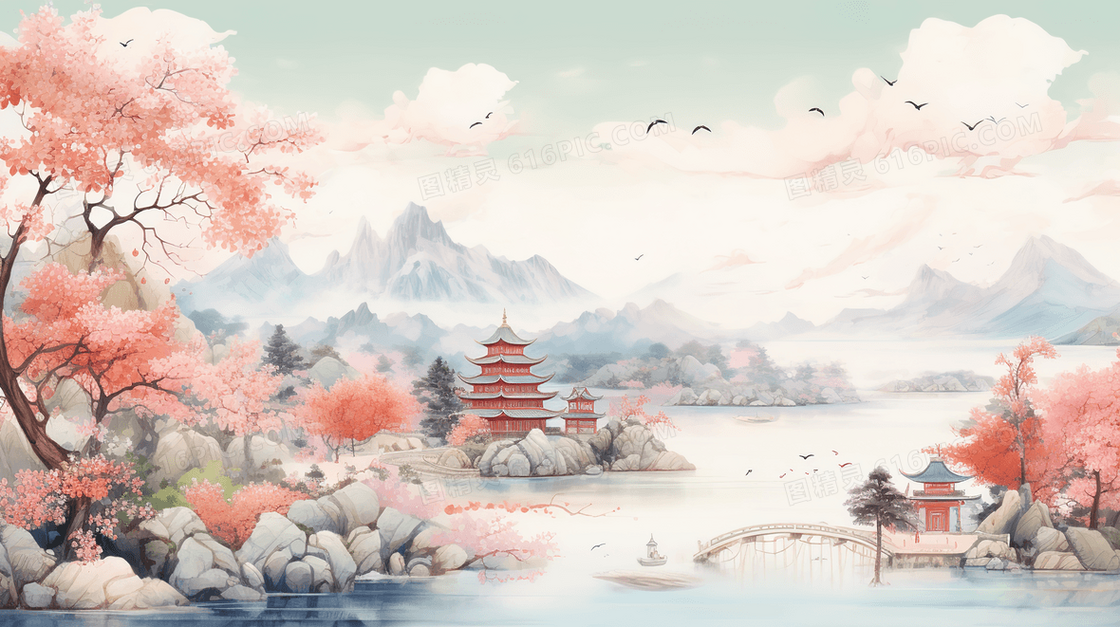 粉色中国风古典唯美建筑山水风景插画