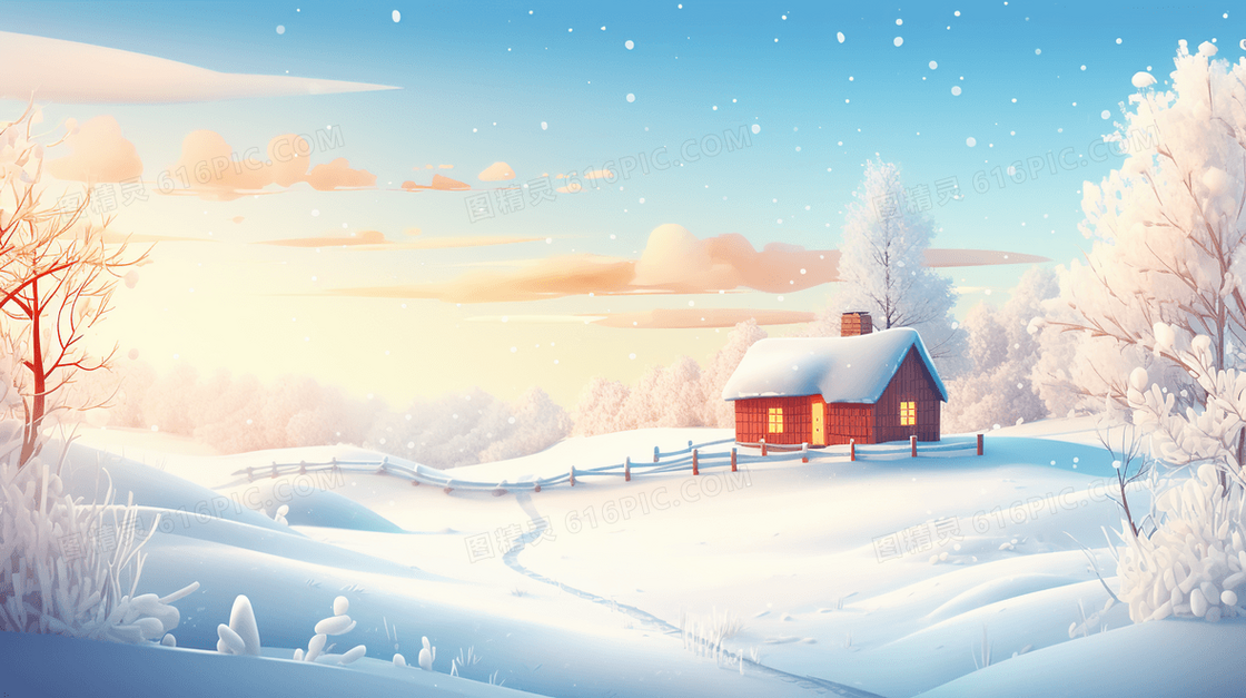白色冬季铺满大雪的乡村风景插画