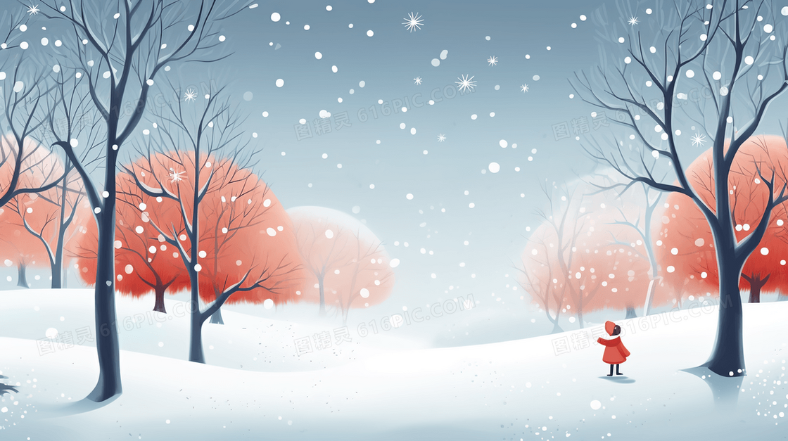走在空旷雪地里的女孩风景插画