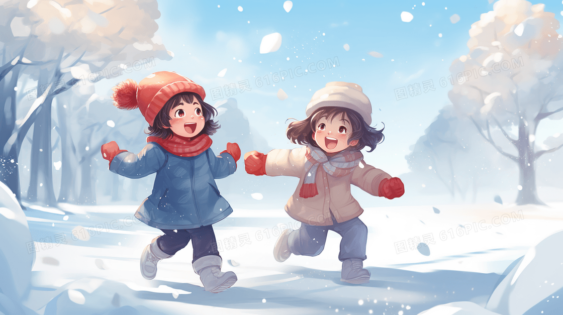 白色冬天雪地里快乐奔跑的孩子们插画