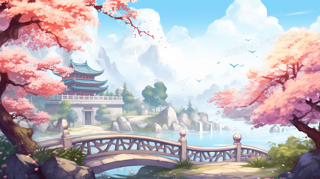 粉色中国风古典唯美建筑山水风景插画