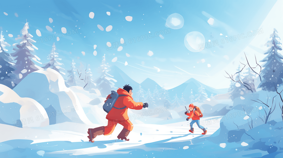 白色户外雪地里自在玩耍的儿童风景插画