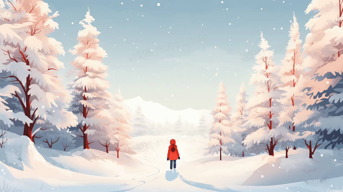 独自走在雪地里的女孩风景插画