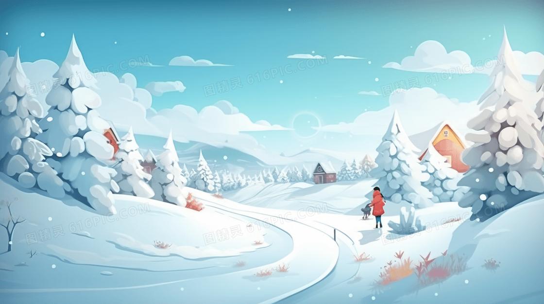 白色冬季下着大雪的户外风景插画