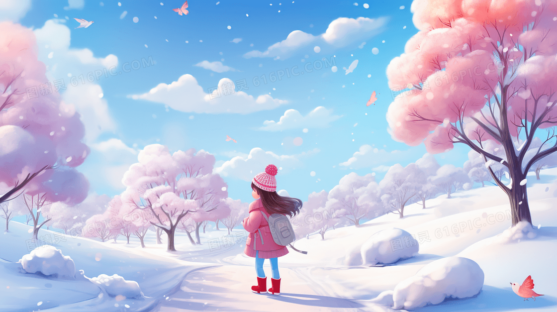 走在空旷雪地里的女孩风景插画