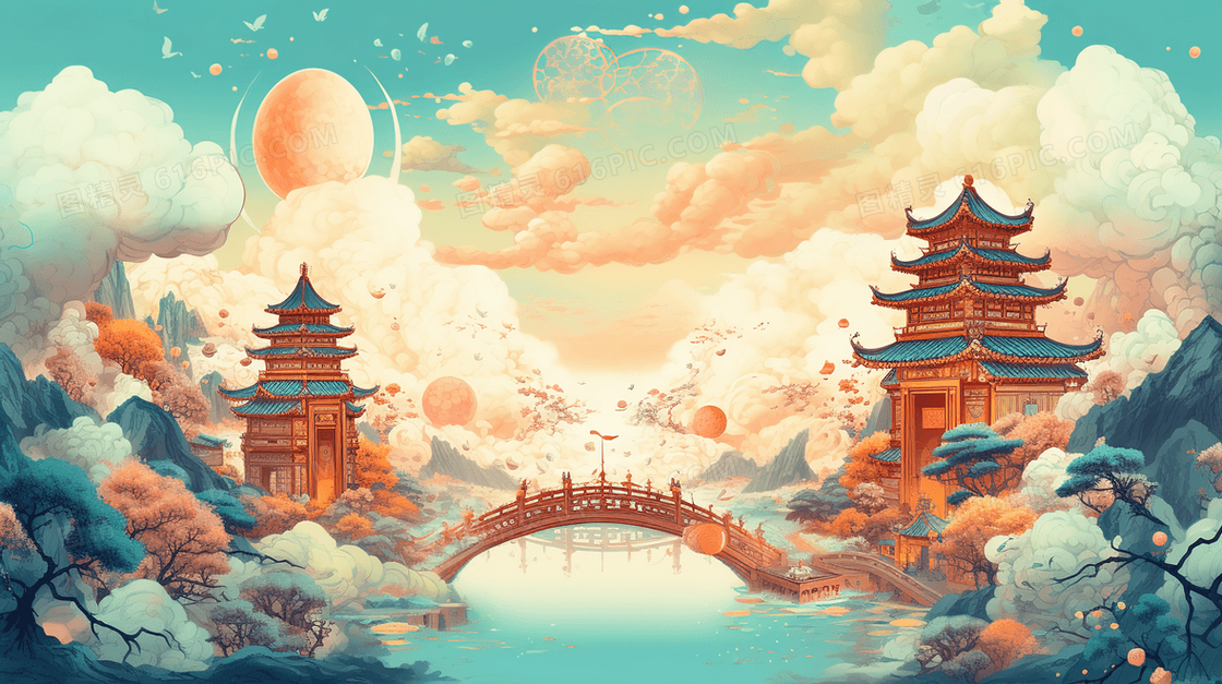 中国风古典唯美建筑山水风景插画