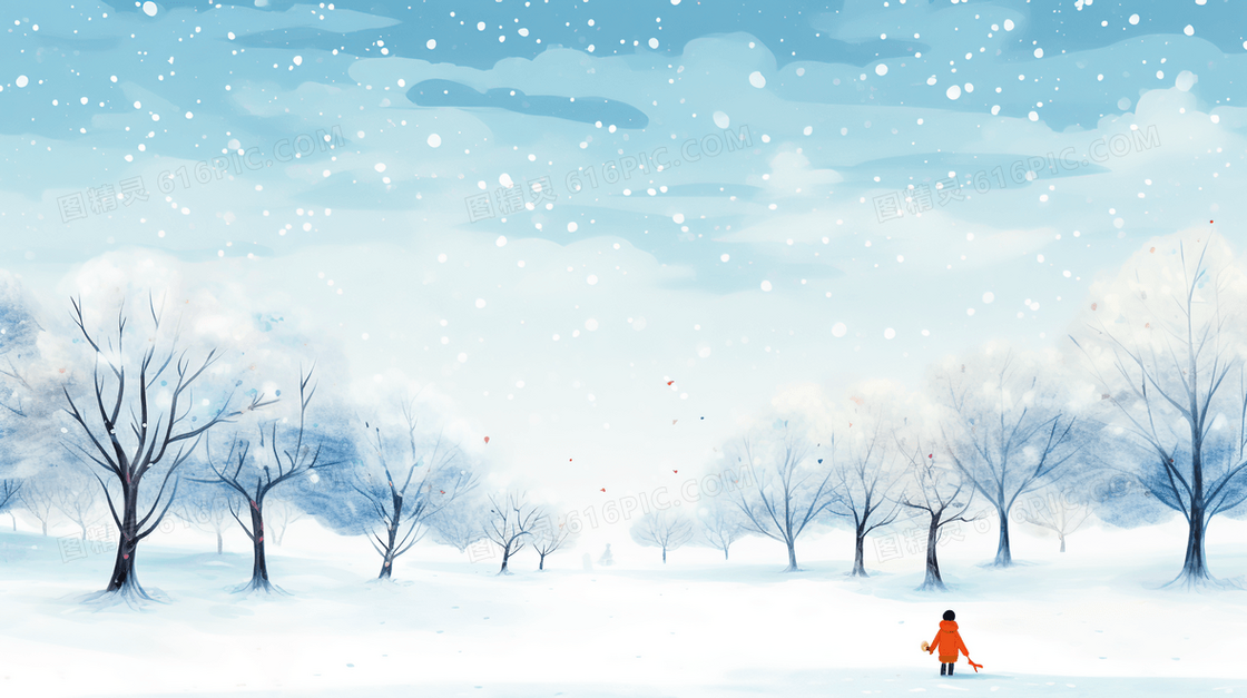 白色冬季铺满大雪的乡村风景插画