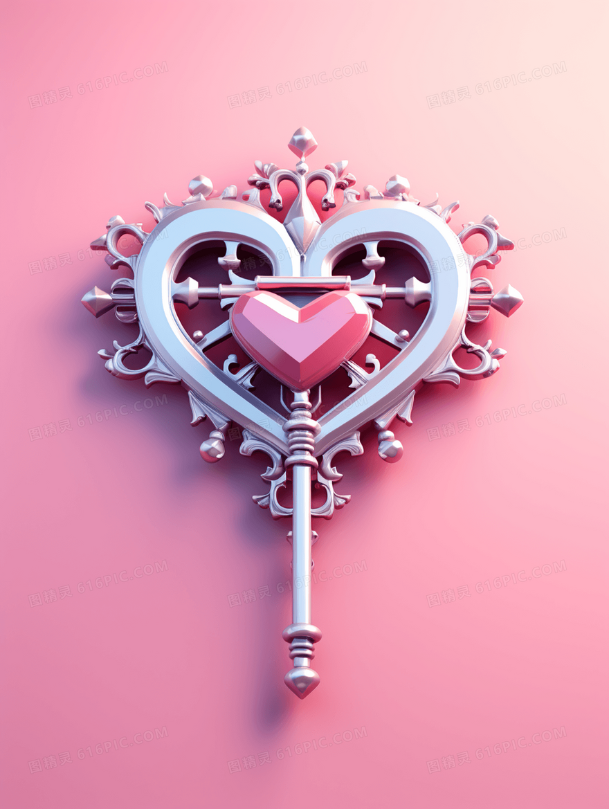 粉色3D立体可爱卡通爱心钥匙插画