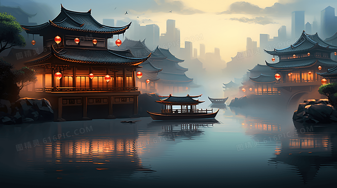 中国风江南水乡建筑风景插画