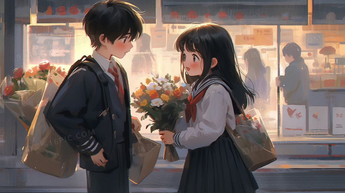 小情侣逛街买花插画
