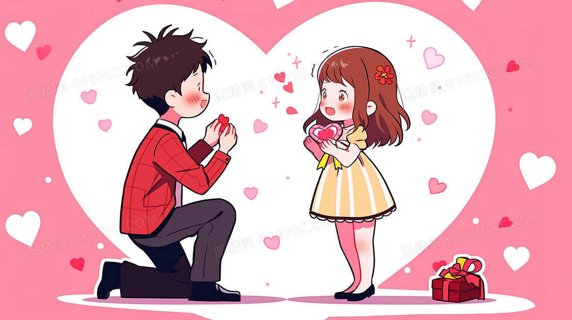 可爱卡通Q版情侣求婚表白手账风插画