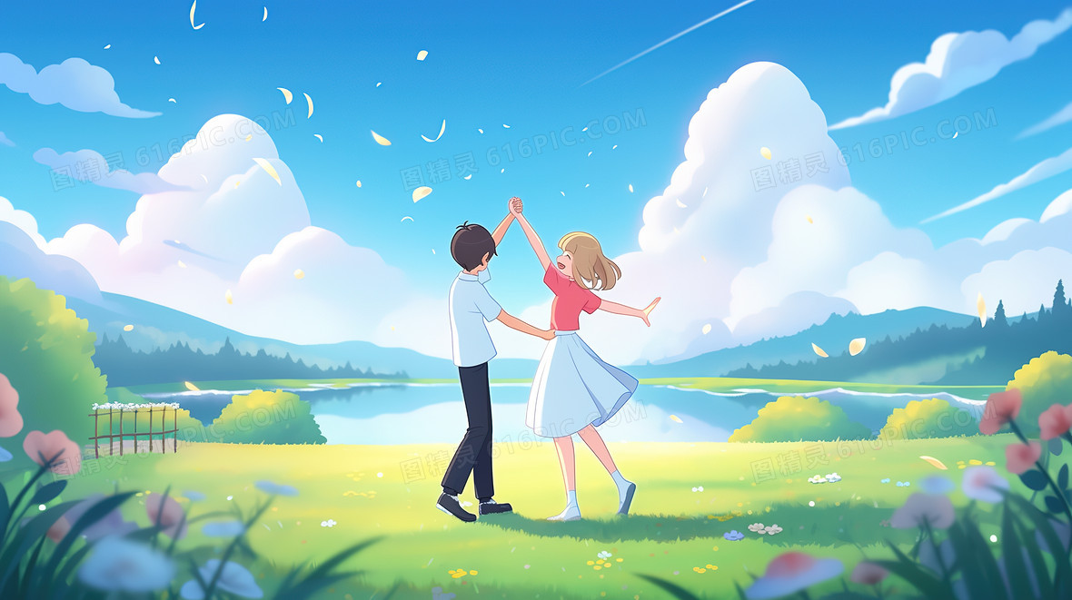 可爱小情侣湖边草地上跳舞插画