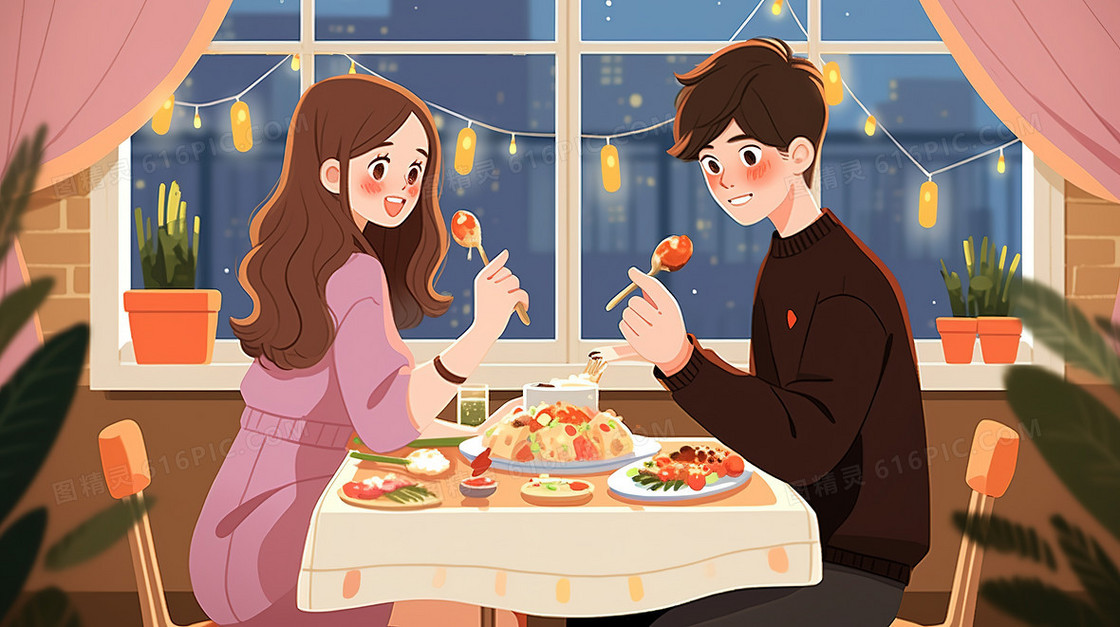 浪漫情侣一起约会吃晚餐插画