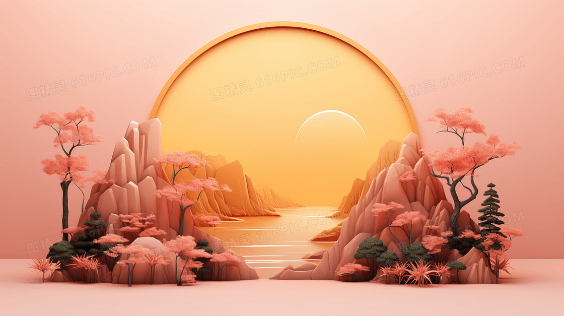 中秋节唯美雅致月夜湖景创意插画