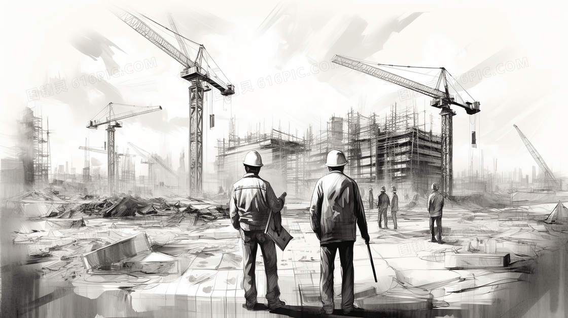 黑白素描风安全生产工地施工建设场景创意插画
