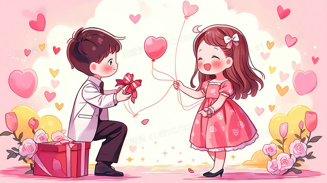 可爱卡通Q版情侣求婚表白手账风插画