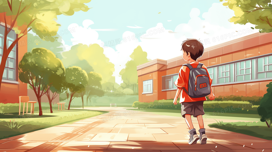 开学季充满活力的校园建筑风景插画