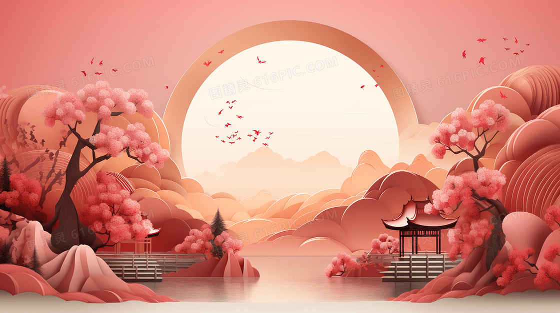 中秋节唯美雅致月夜湖景创意插画