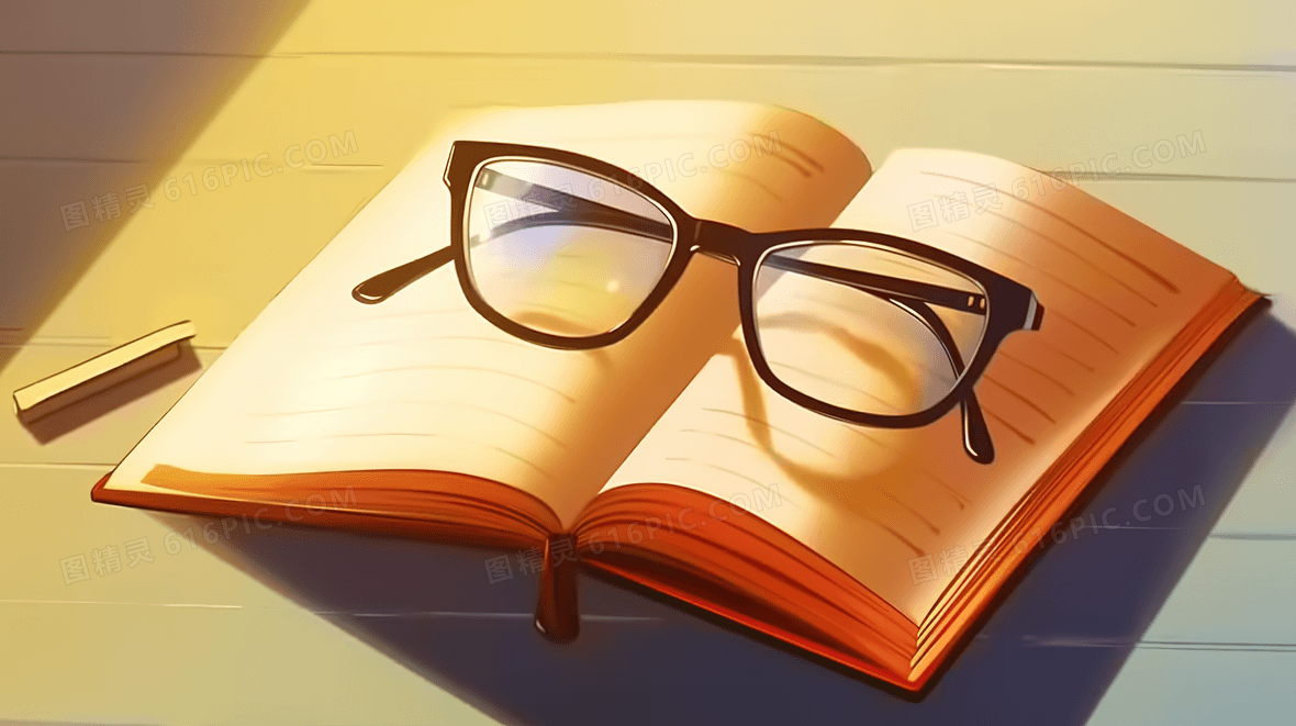 阳光下放在书桌书本上的眼镜插画