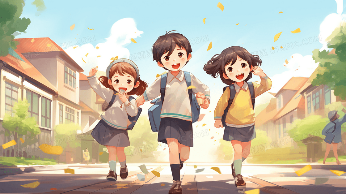 开学季结伴上学的学生们插画