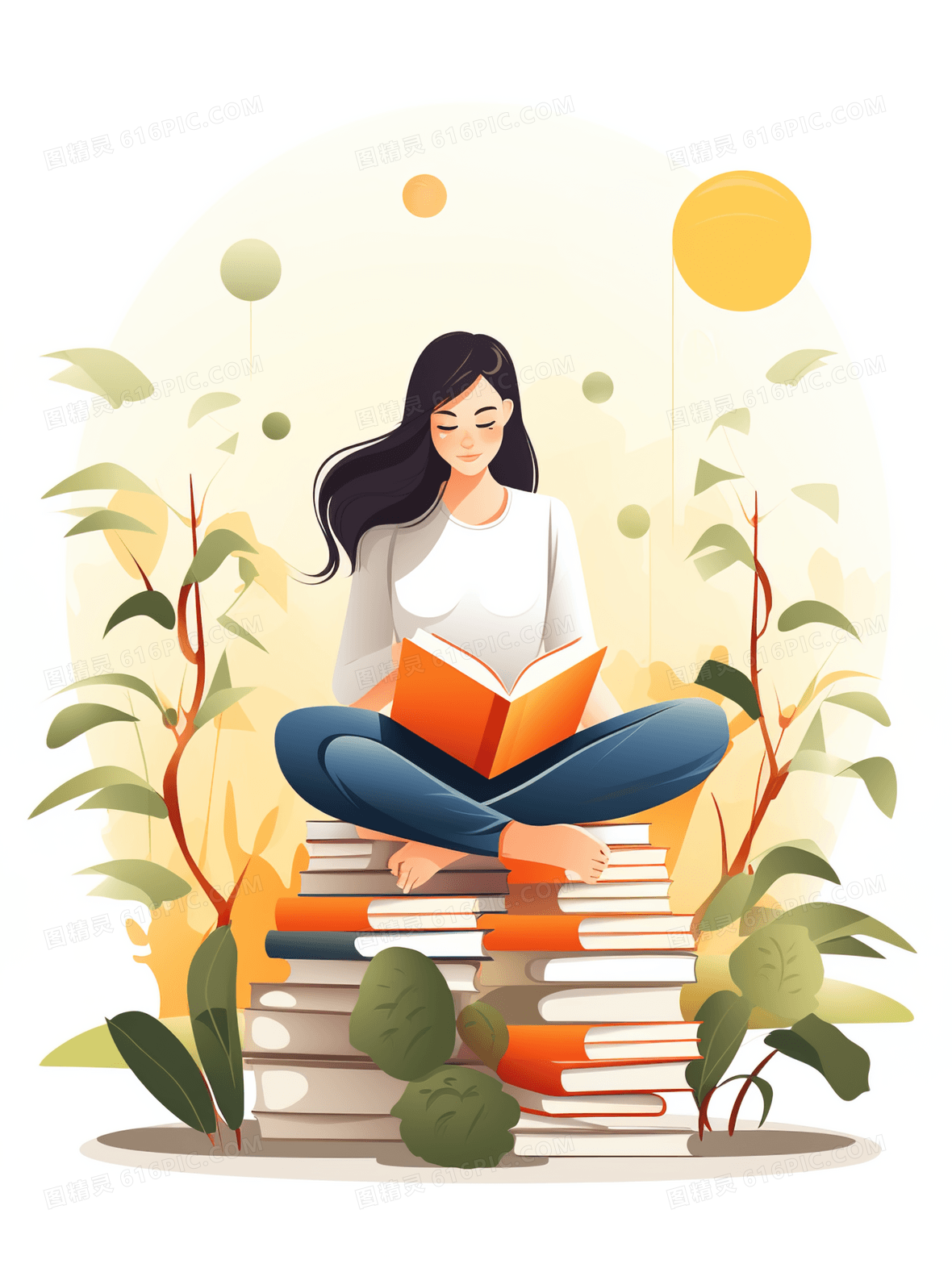 拿着书本认真阅读的女孩插画