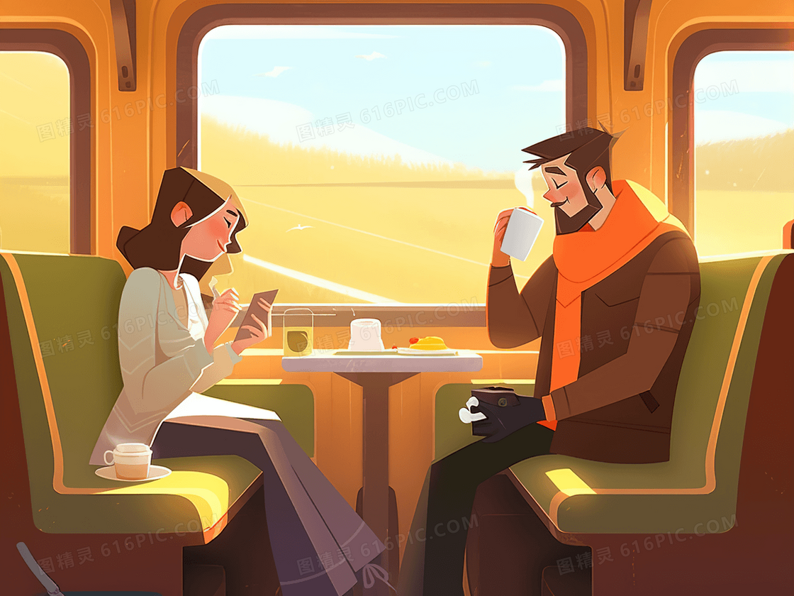 车厢里一起旅游的情侣插画