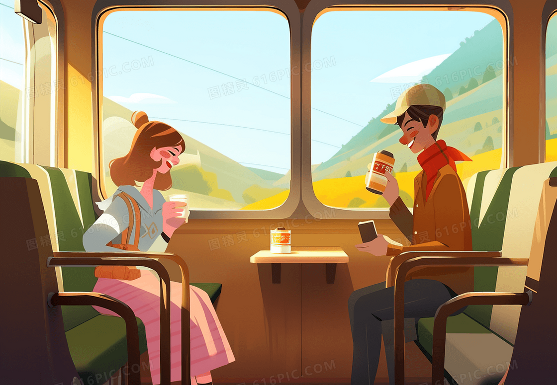 车厢里一起旅游的情侣插画