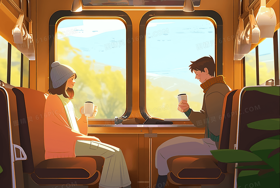 车厢里一起旅游的情侣插画