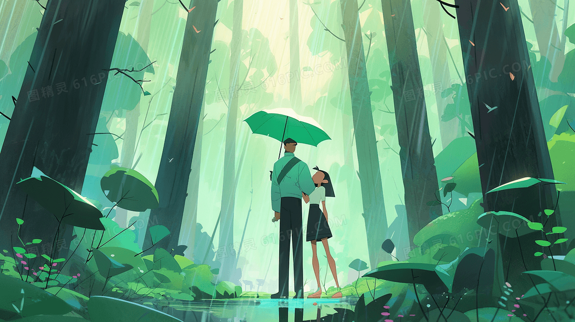 雨天两人在森林里打伞插画