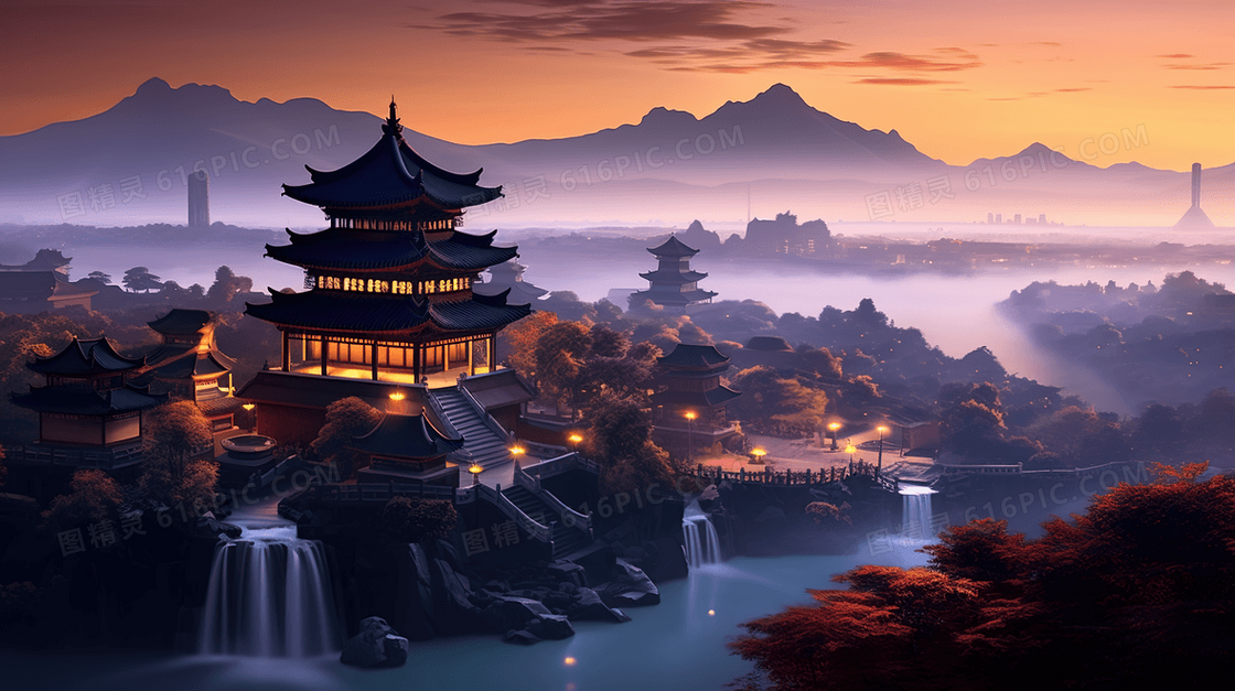 古典中国风建筑山水风景插画