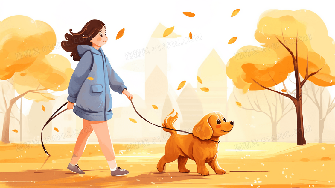 秋天在公园遛狗的女孩插画