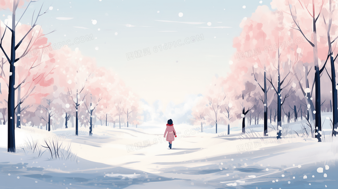 白色冬季雪地里行走的女孩风景插画