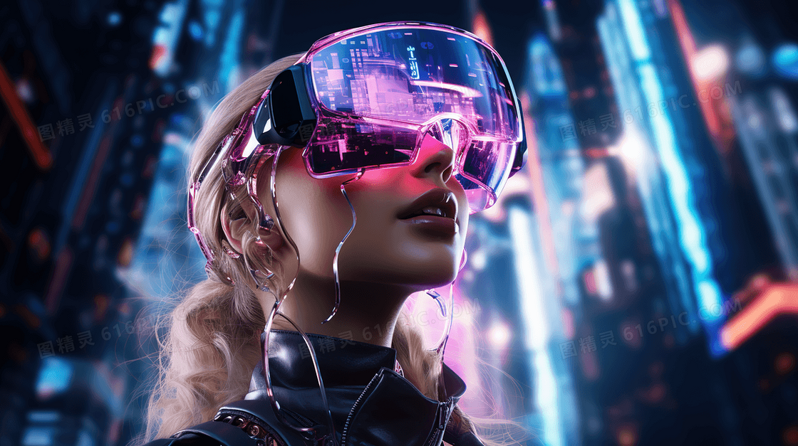 赛博朋克风格戴着VR眼镜的酷炫女孩创意图片